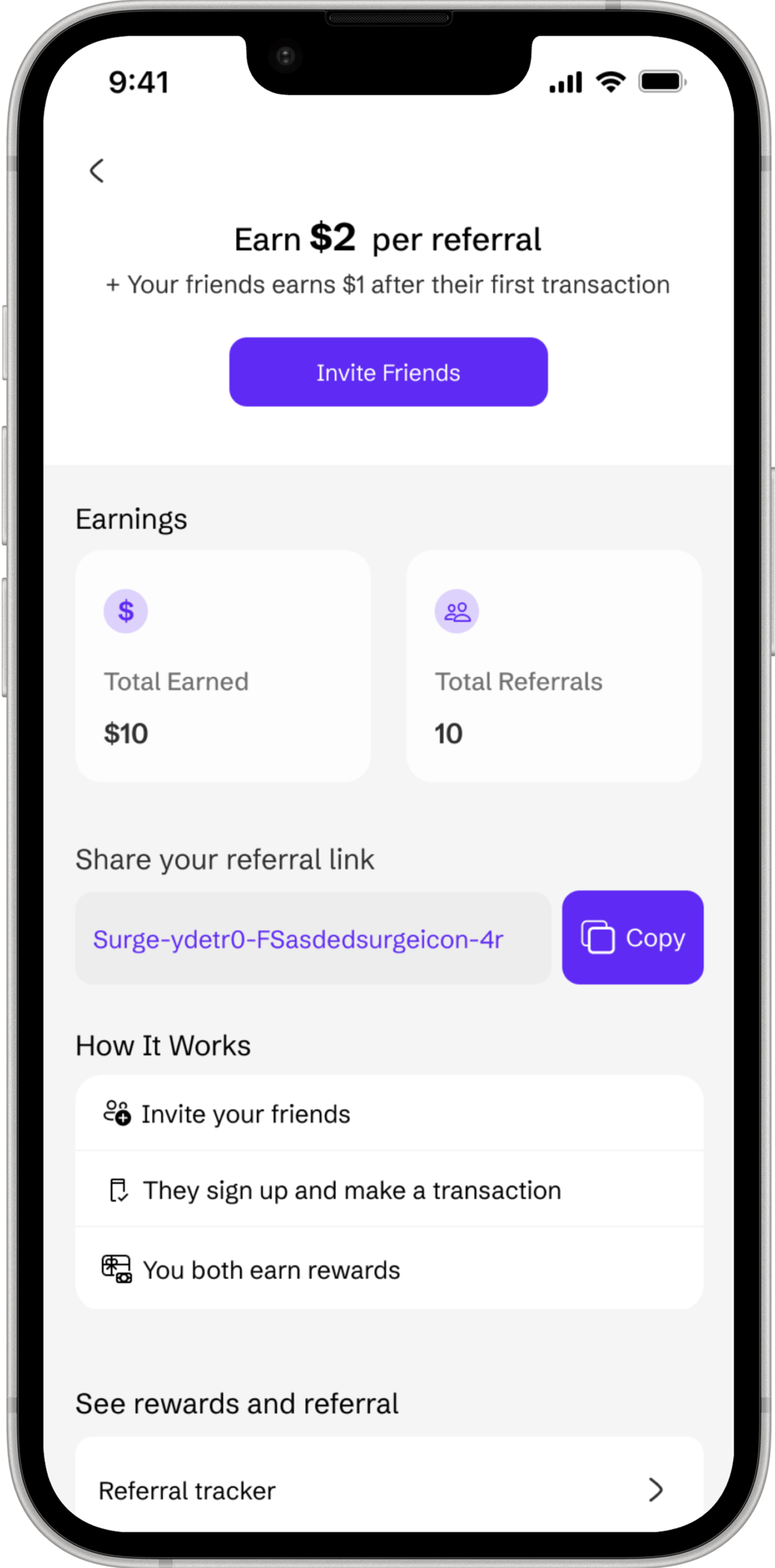 SurgePay referral rewards screen